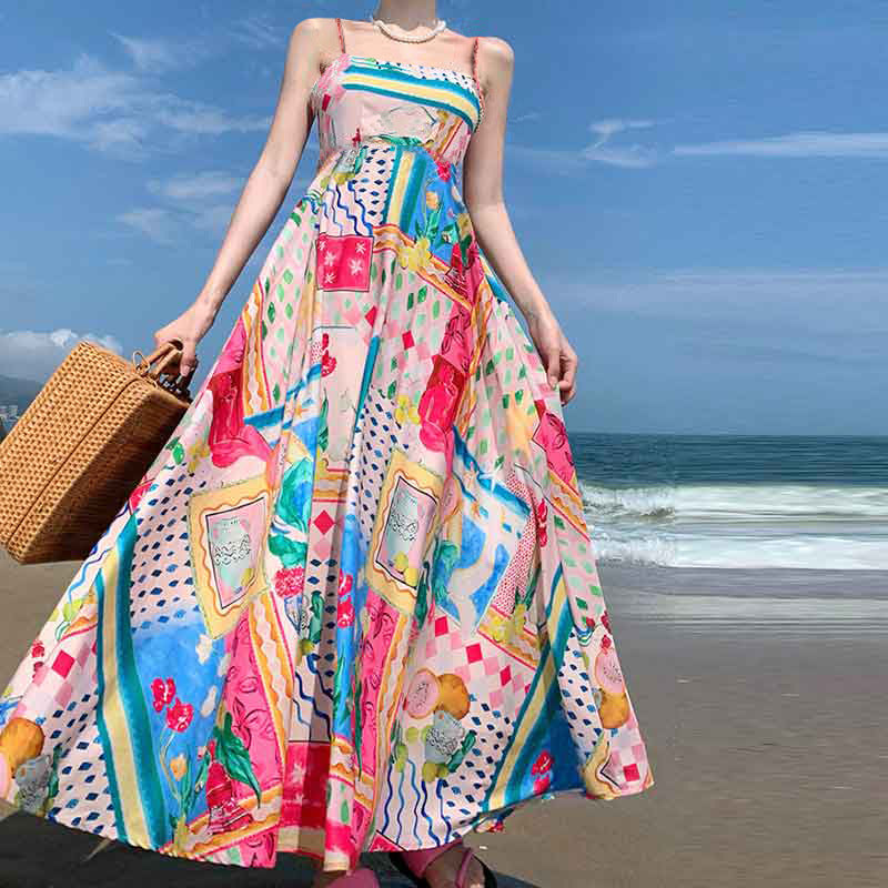 Women's Elegant High Waist Print Sling Casual Dresses