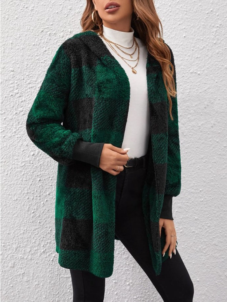 Women's Loose Plaid Color Stitching Knitted Fashion Coats