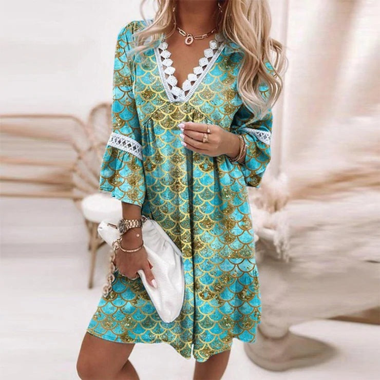 Spring V-neck Printed Lace Stitching Bohemian Casual Dresses