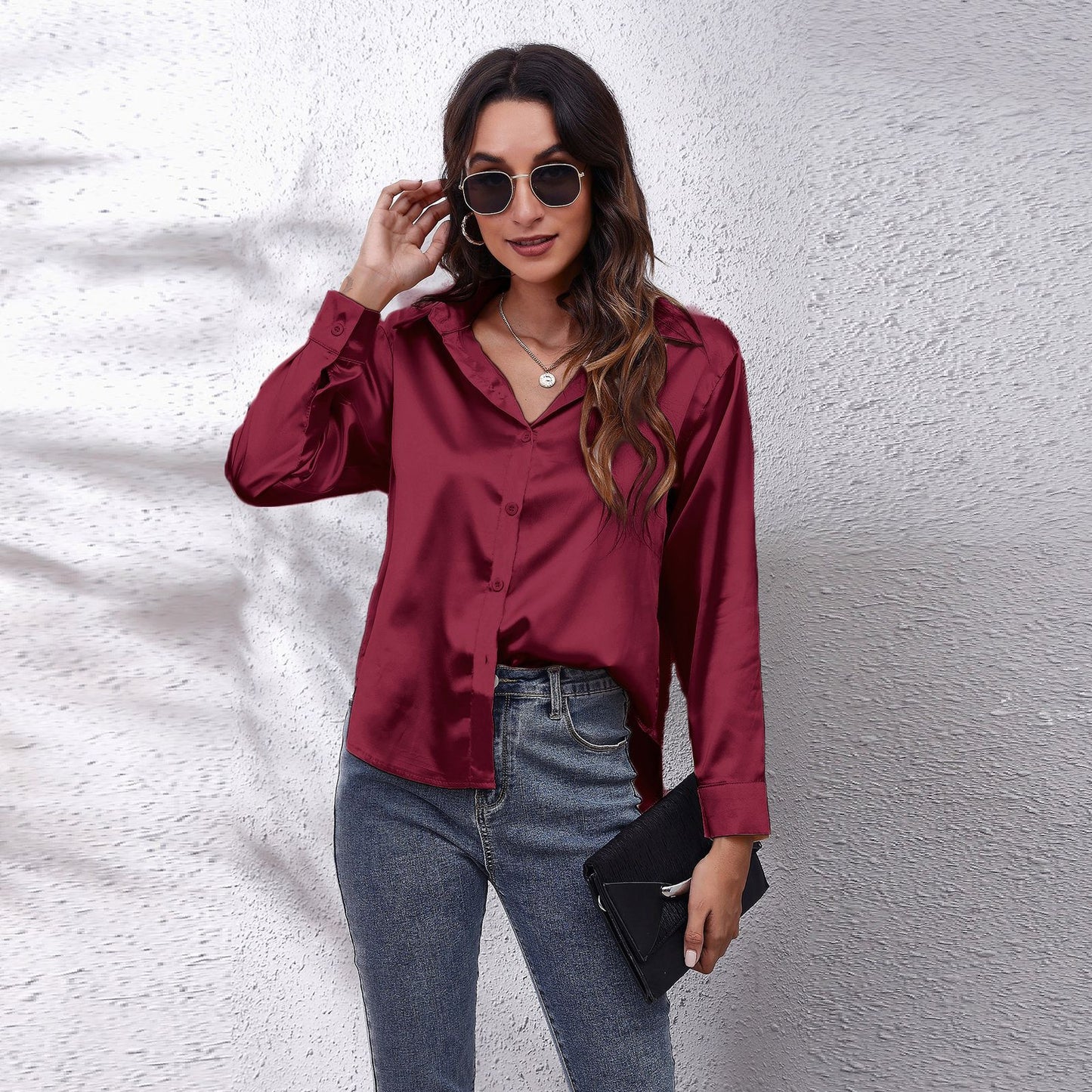 Women's Fashion Attractive Satin Shirt Long-sleeved Blouses