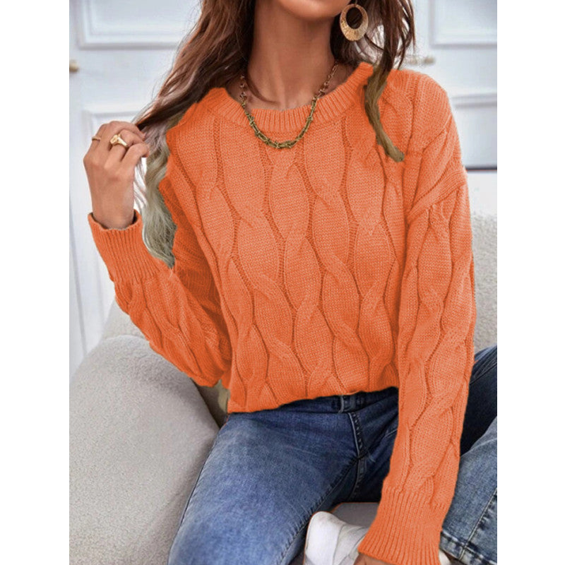 Women's Round Neck Solid Color Cable-knit Pullover Sweaters