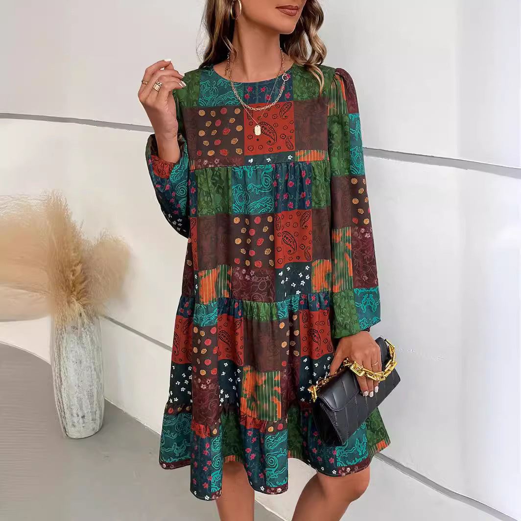 Women's Round Neck Fashion Casual Long Sleeve A- Dresses