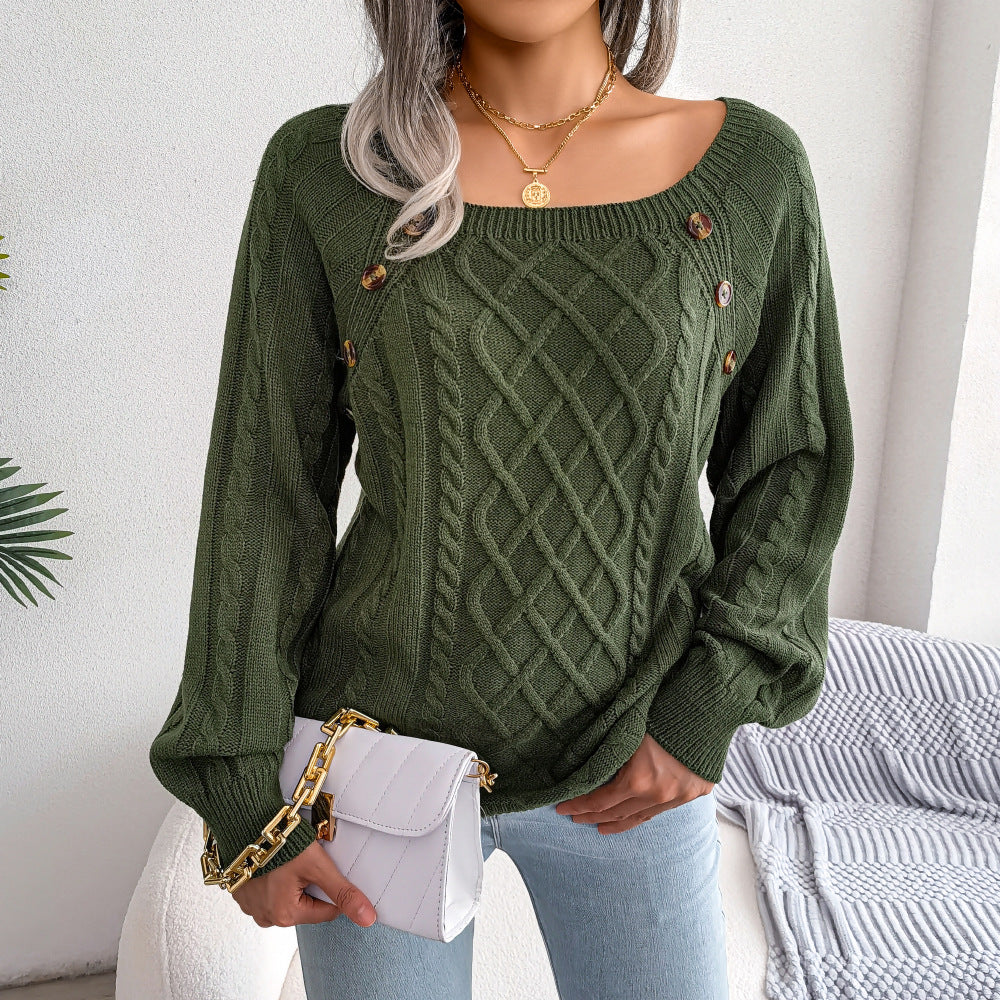 Women's Casual Square Collar Twist Knitted Pullover Sweaters