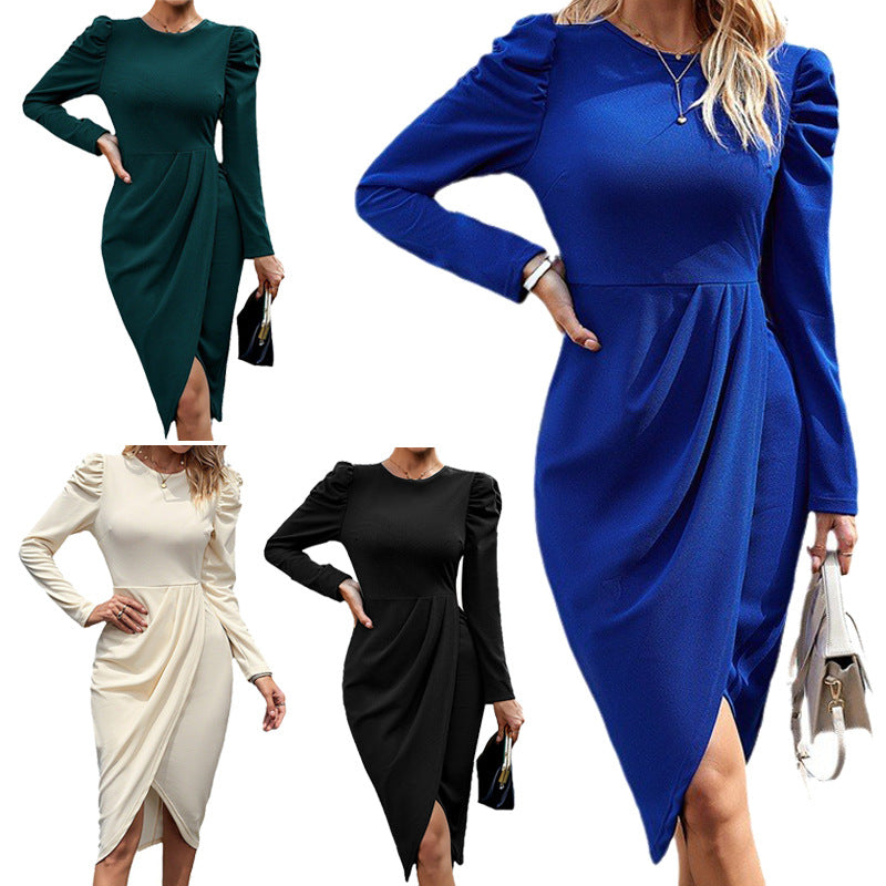 Round Neck Elegant Waist Irregular Slit Dresses