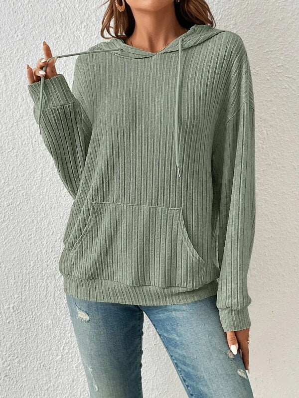 Women's Hooded Sunken Stripe Kangaroo Pocket Sweatshirt Knitwear