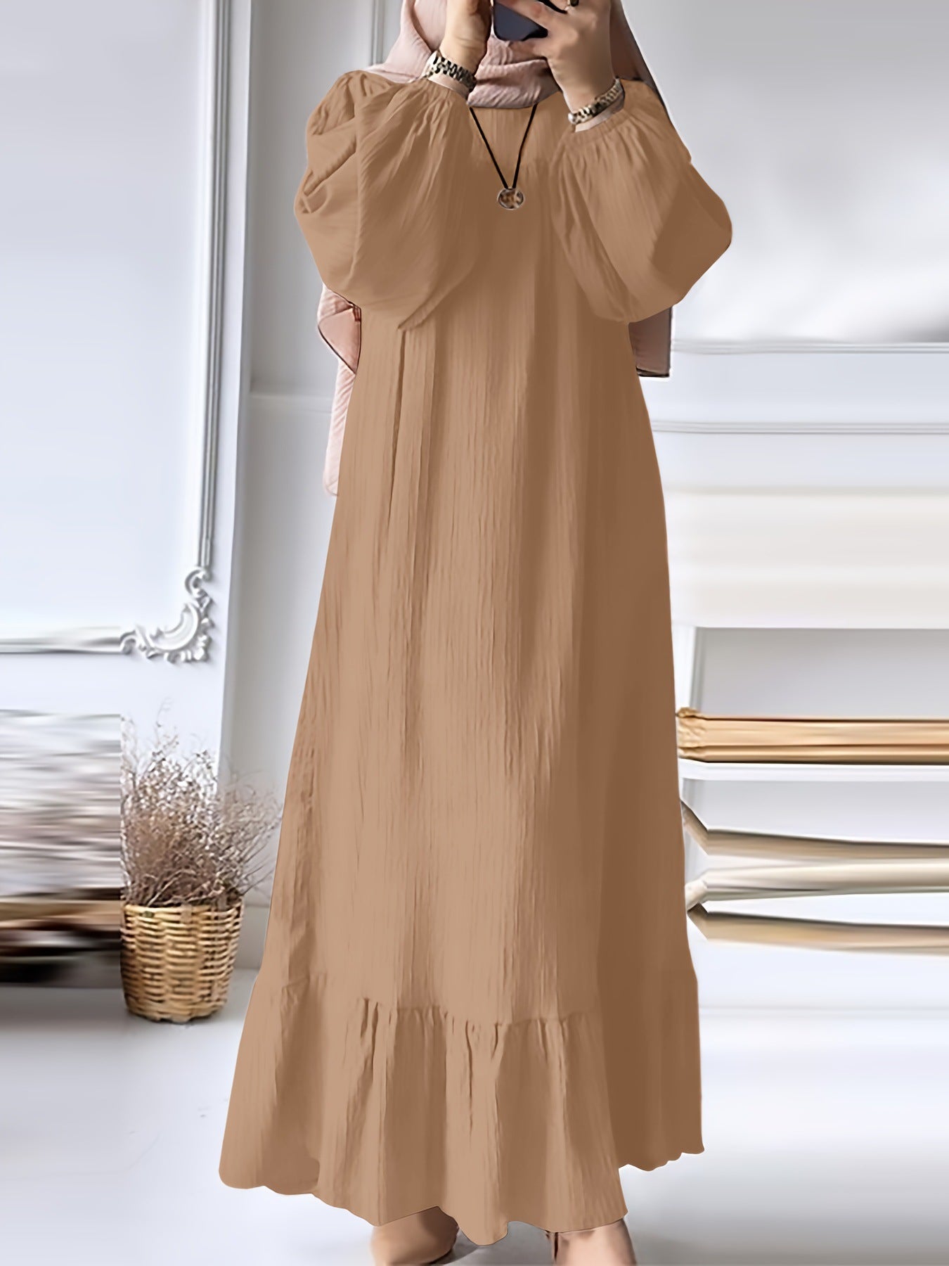 Women's Wear Robe Fashion Puff Sleeve Vintage Pocket Hem Dresses