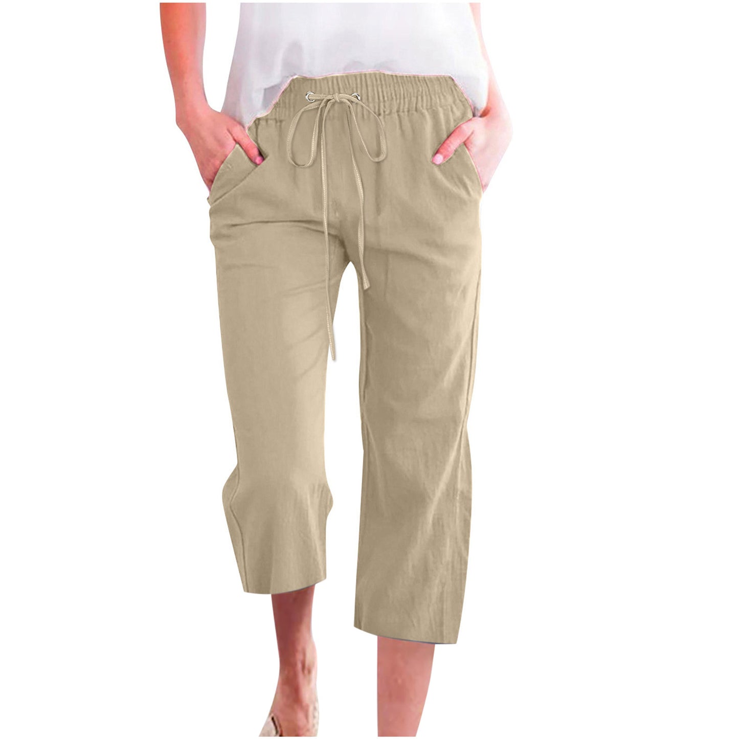 Pantalon décontracté ample en coton et lin pour femme avec poches droites