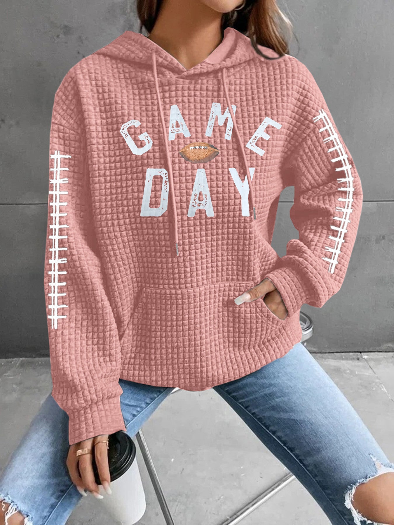 Women's Waffle Match Day Letter Print Round Sweaters