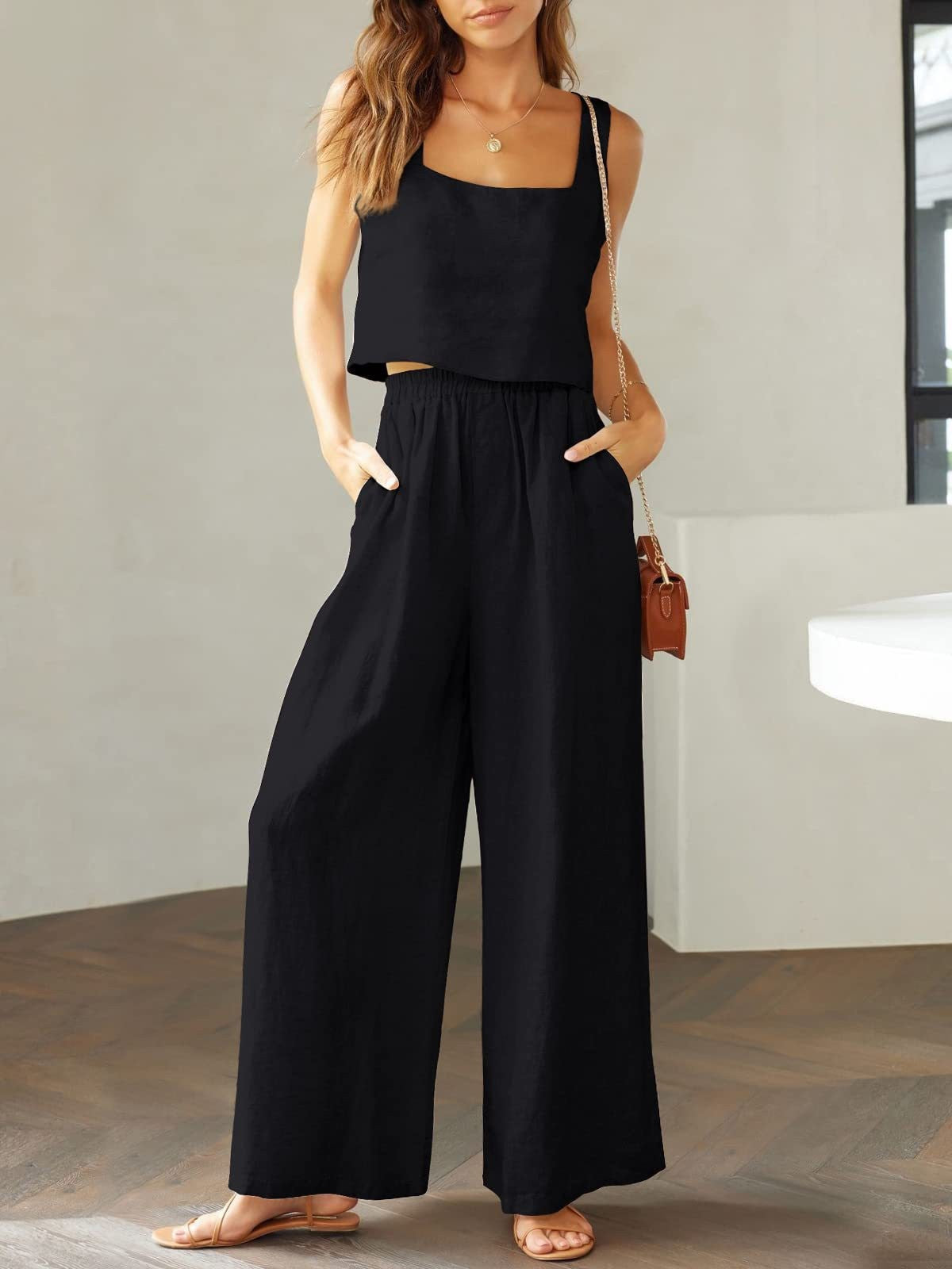 Women's Square Collar Sleeveless Camisole Wide Leg Suits