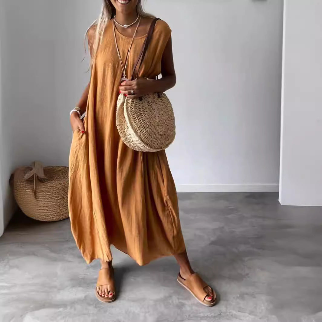 Women's Summer Casual Cotton Linen Solid Color Pocket Long Dresses