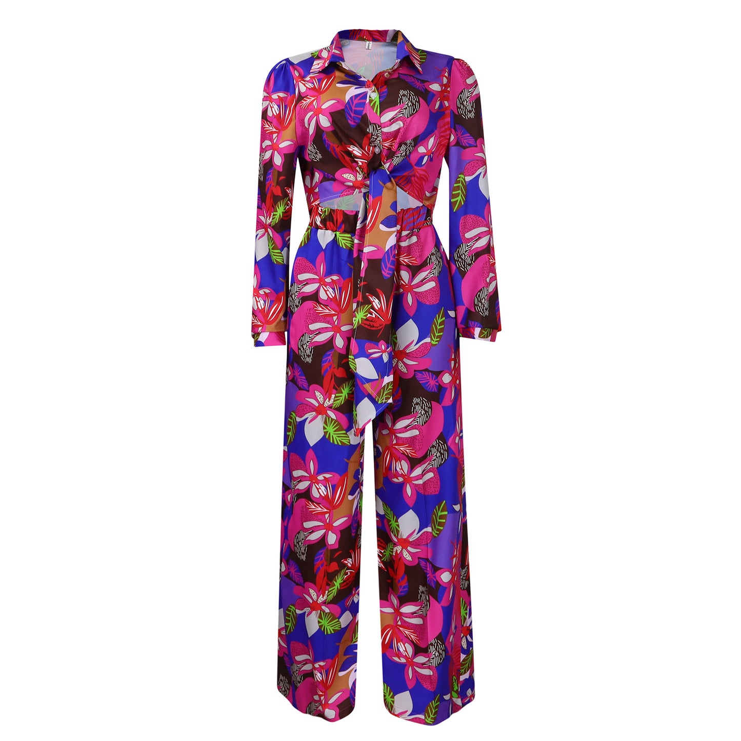 Women's Fashion Printed Two-piece Lapel Bandage Shirt Pants