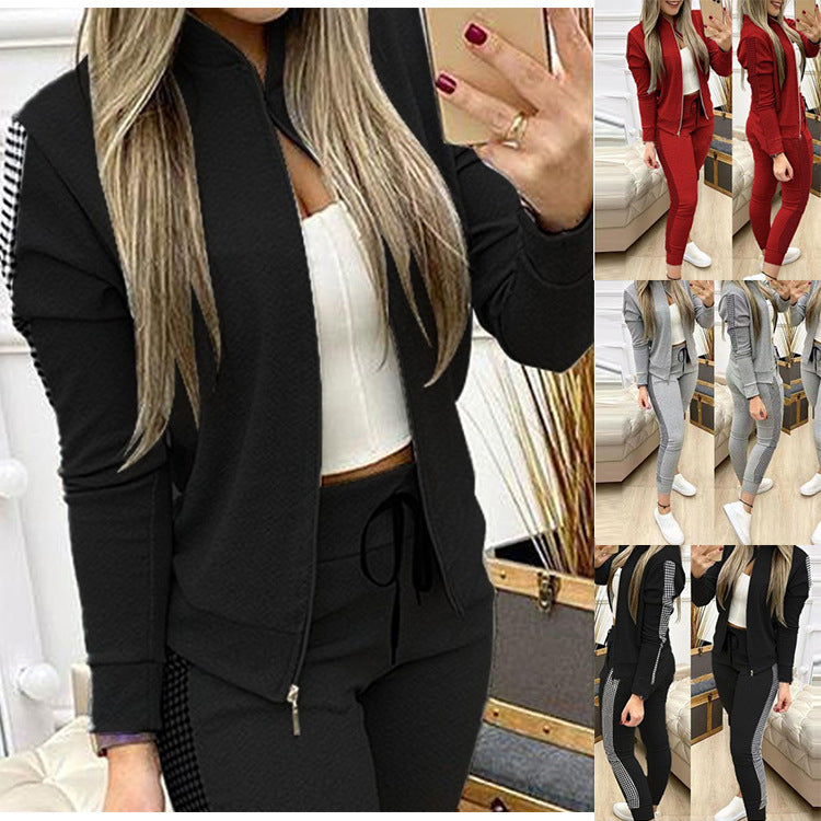 Women's Long Sports Zipper Stitching Plaid Suits