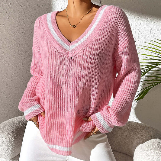 Women's Contrast Patchwork Long Sleeve Woven Casual Sweaters