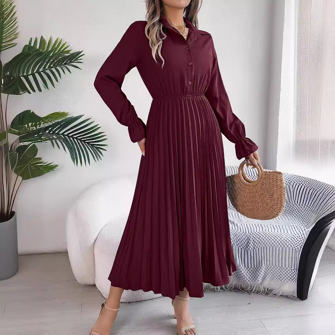 Women's Casual Polo Collar Button Long Sleeve Dresses