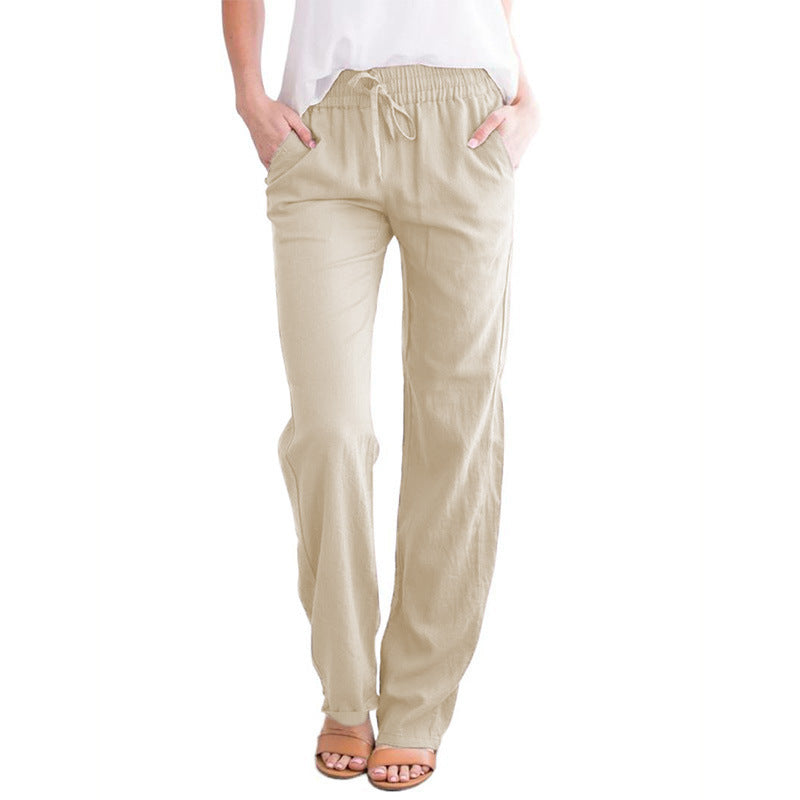 Pantalon décontracté ample en coton et lin de couleur unie pour femme avec cordon de serrage