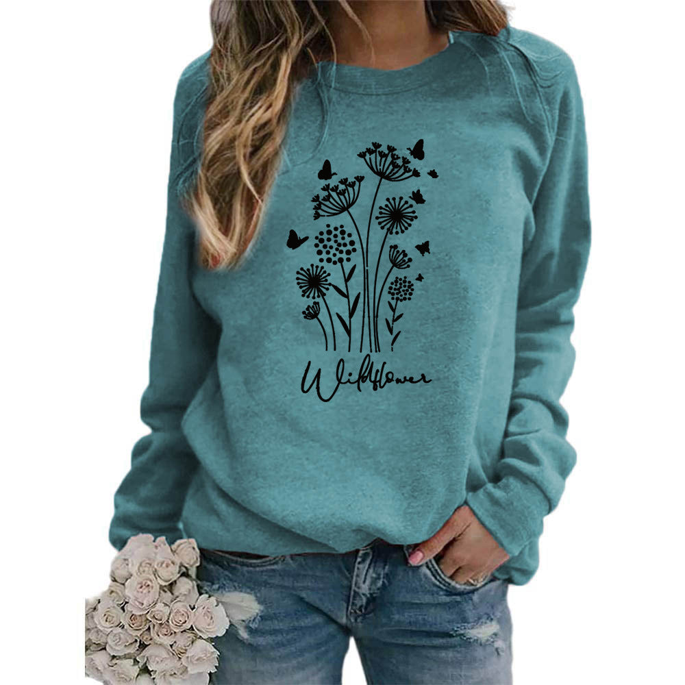 Women's Wild Grass Butterfly Printed Crew Neck Sweaters