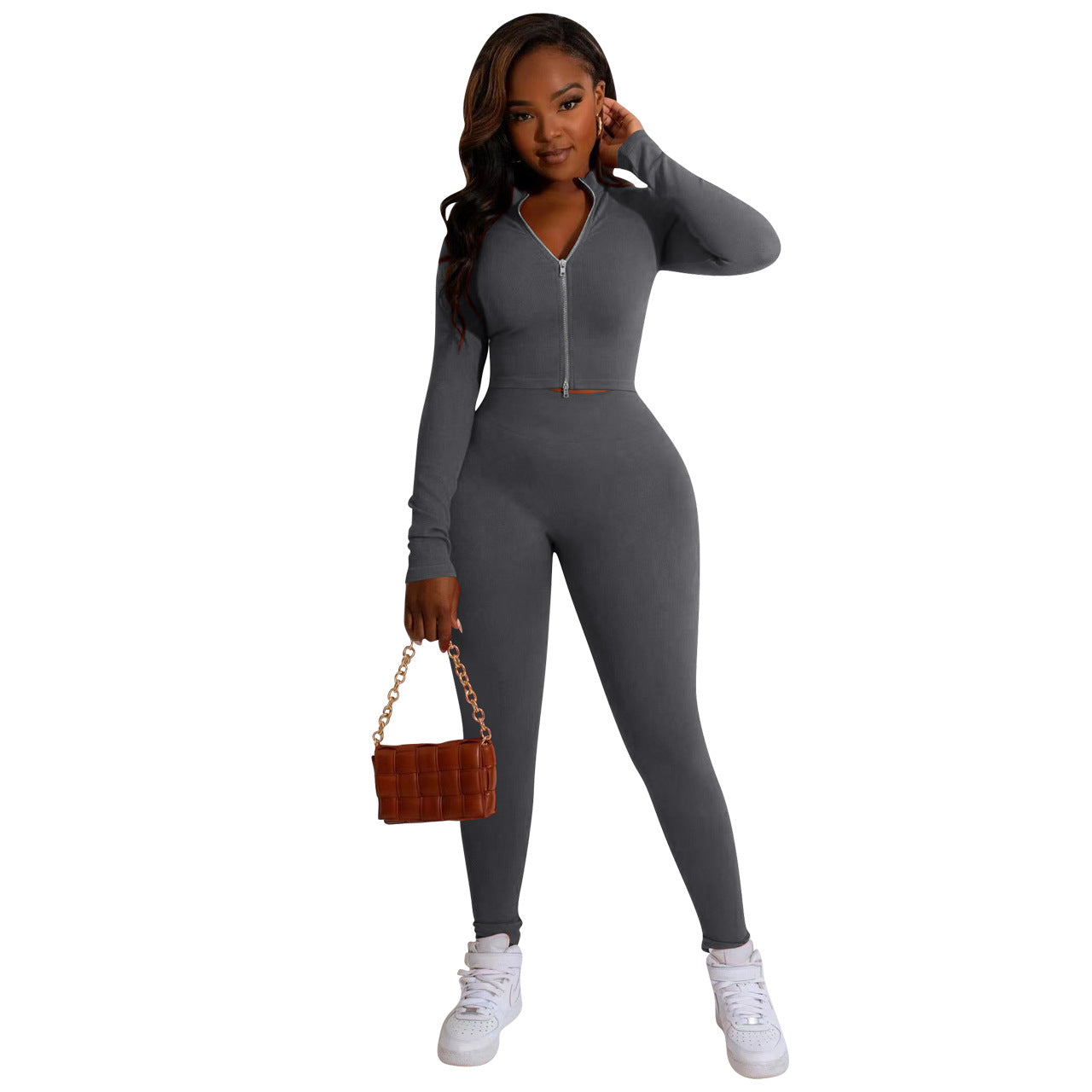 Women's Solid Color Double Zipper Sunken Stripe Suits