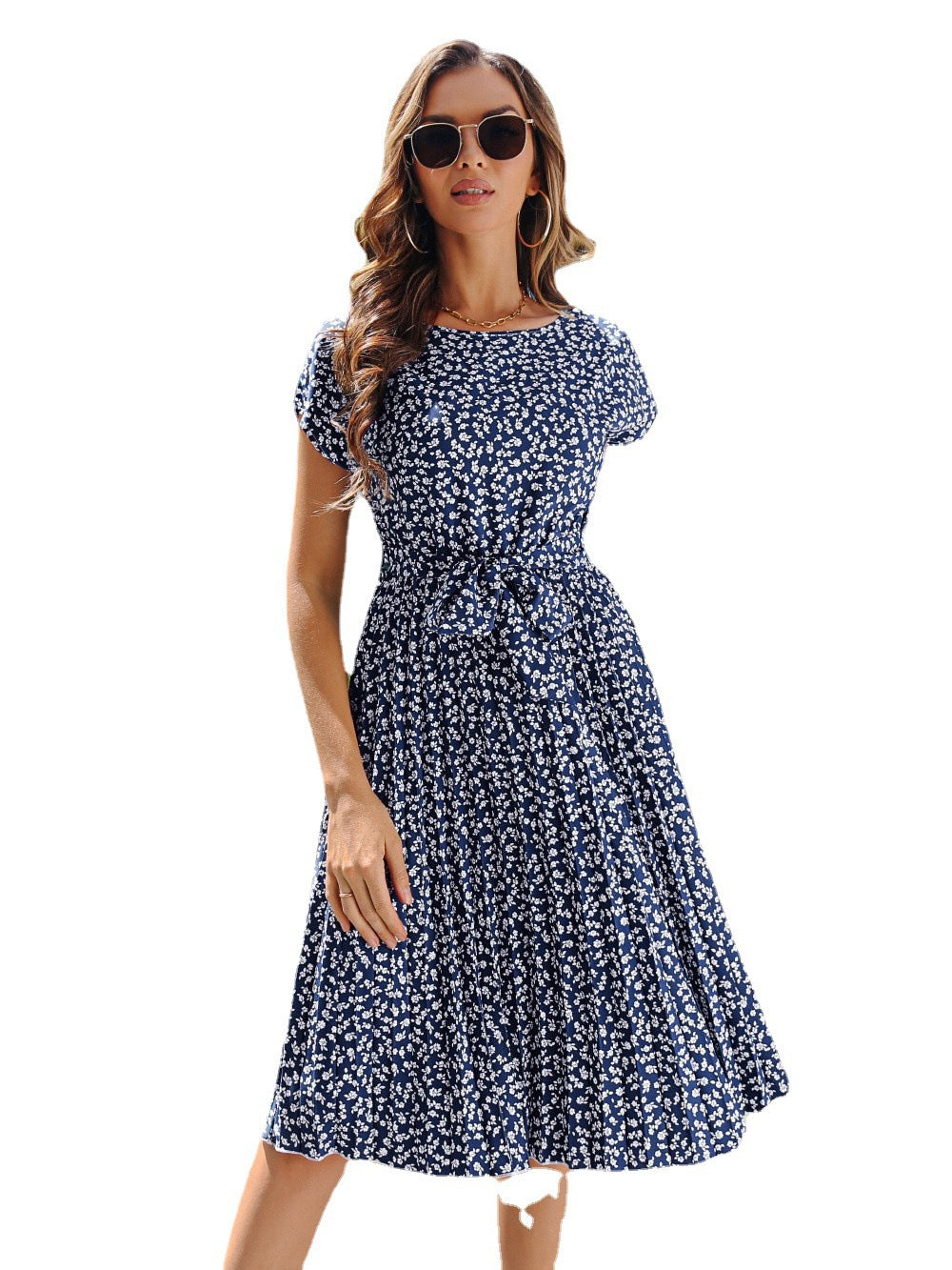 Summer Casual Sleeve Floral Dress Pleated Dresses