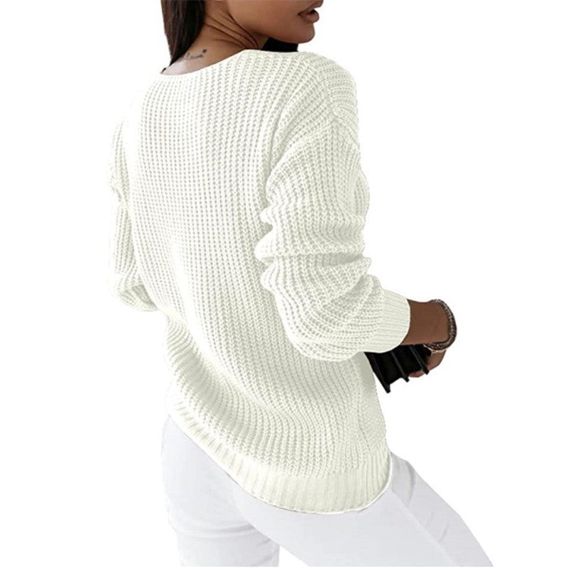 Women's Long Sleeve V-neck Solid Color Twist Casual Knitted Sweaters