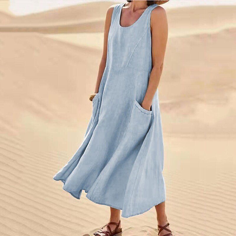 Women's Summer Pocket Sleeveless Round Neck Cotton Dresses