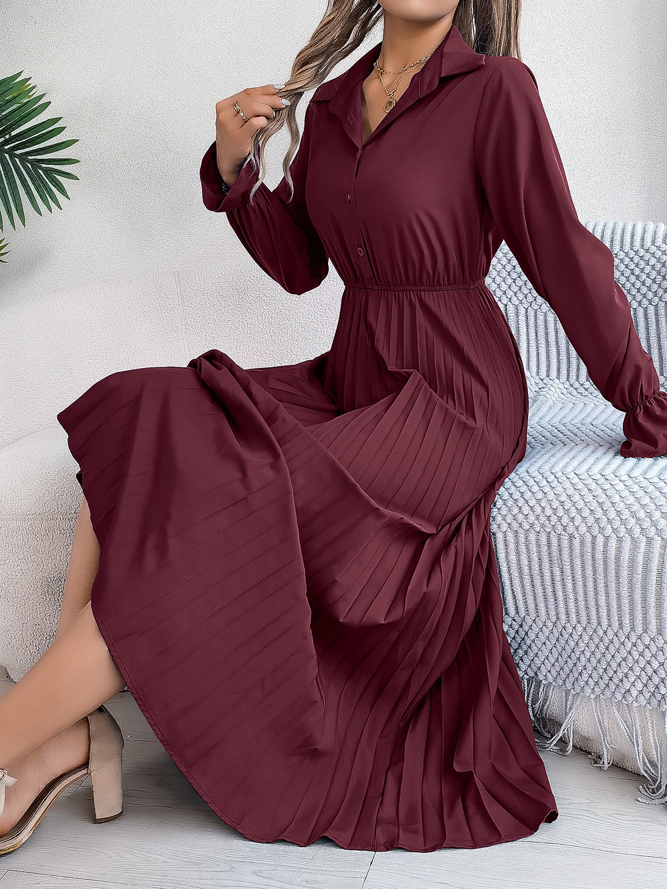 Women's Casual Polo Collar Button Long Sleeve Dresses