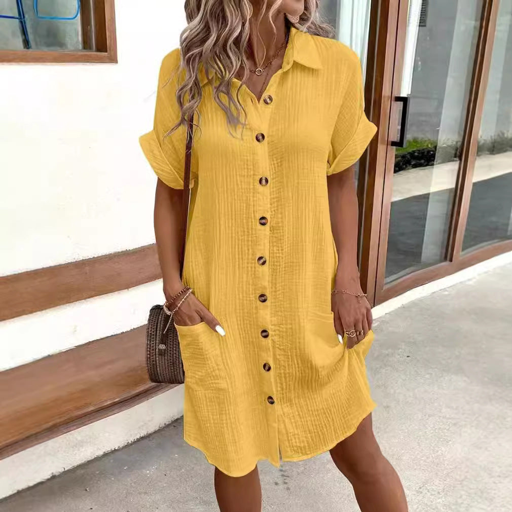 Women's Summer Simple Buttons Cotton Linen Dress Dresses