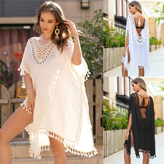 Women's Crocheting Stitching Tassel Sexy Backless Dress Loose Split Clothing