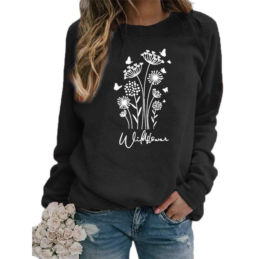 Women's Wild Grass Butterfly Printed Crew Neck Sweaters