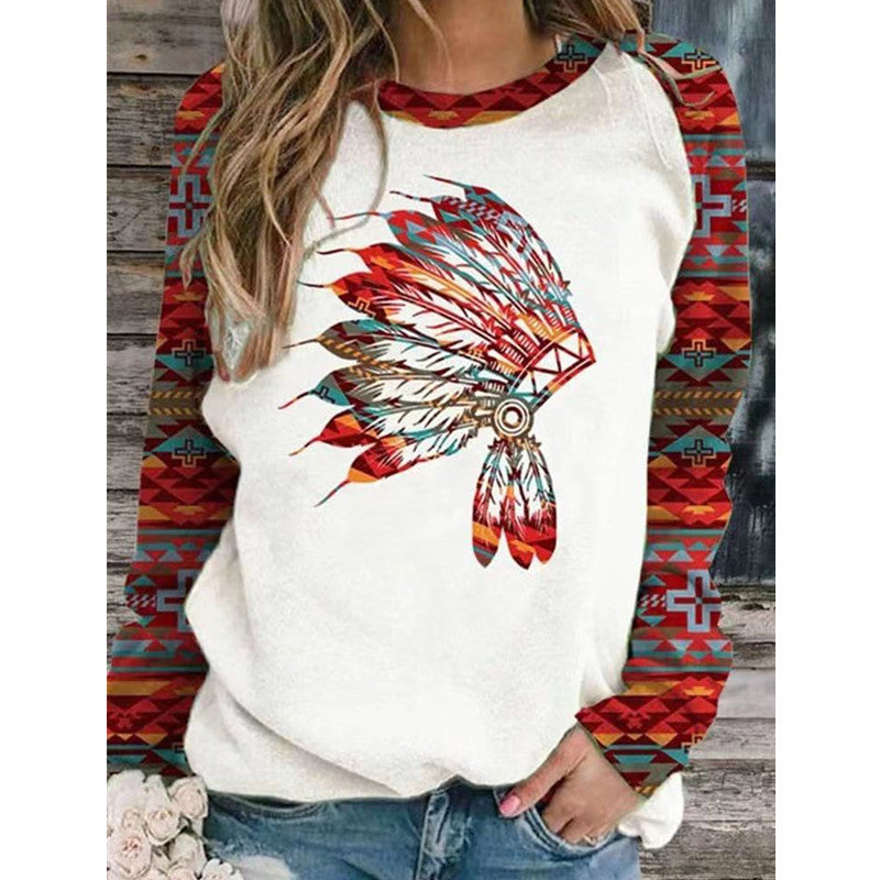 Women's Retro Printed Geometric Pattern Round Neck Long Sweaters