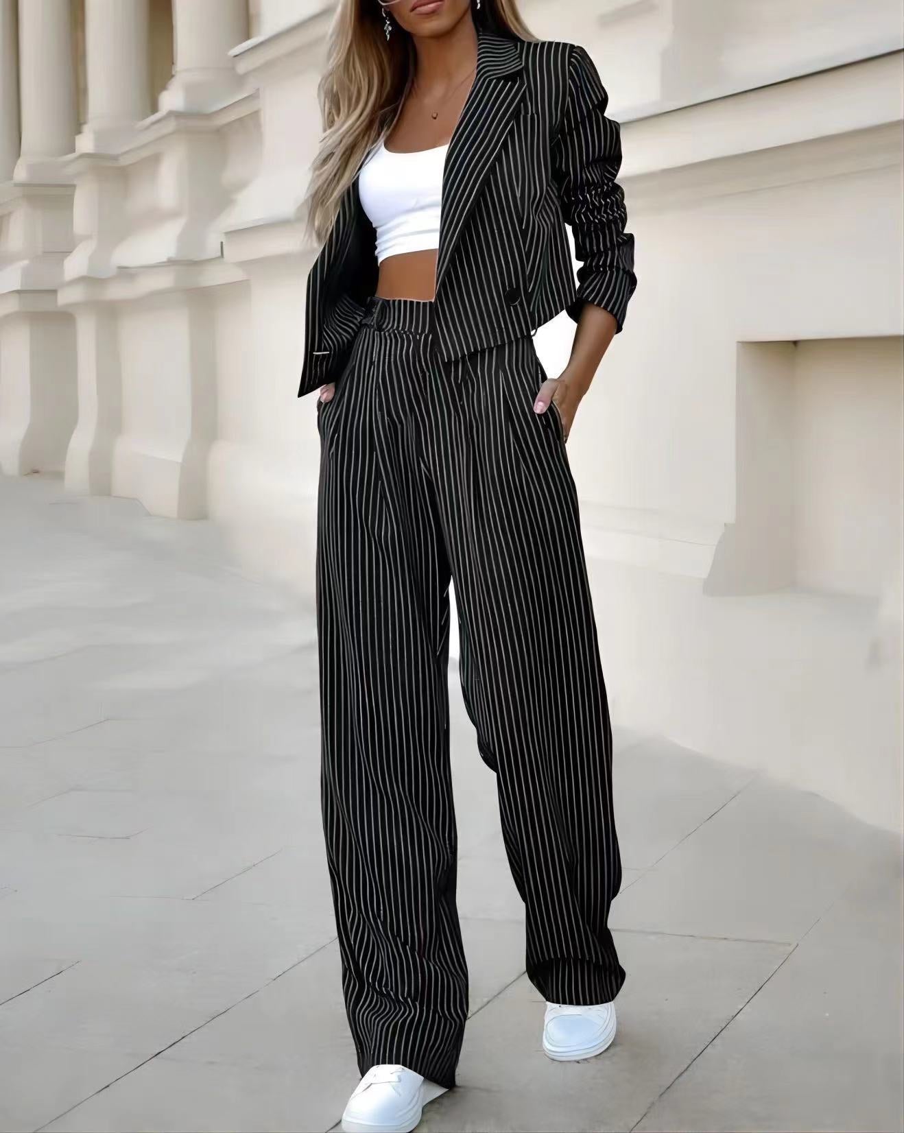 Women's Temperament Leisure Striped Style Lapel Suits