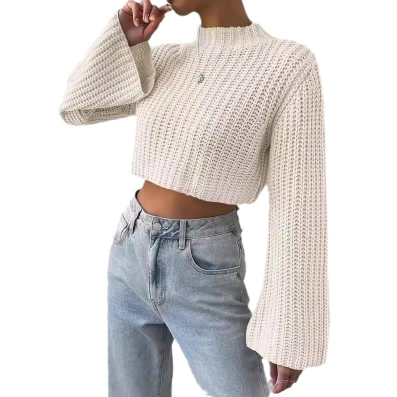 Women's Color High Waist Bell Sleeve Half Sweaters