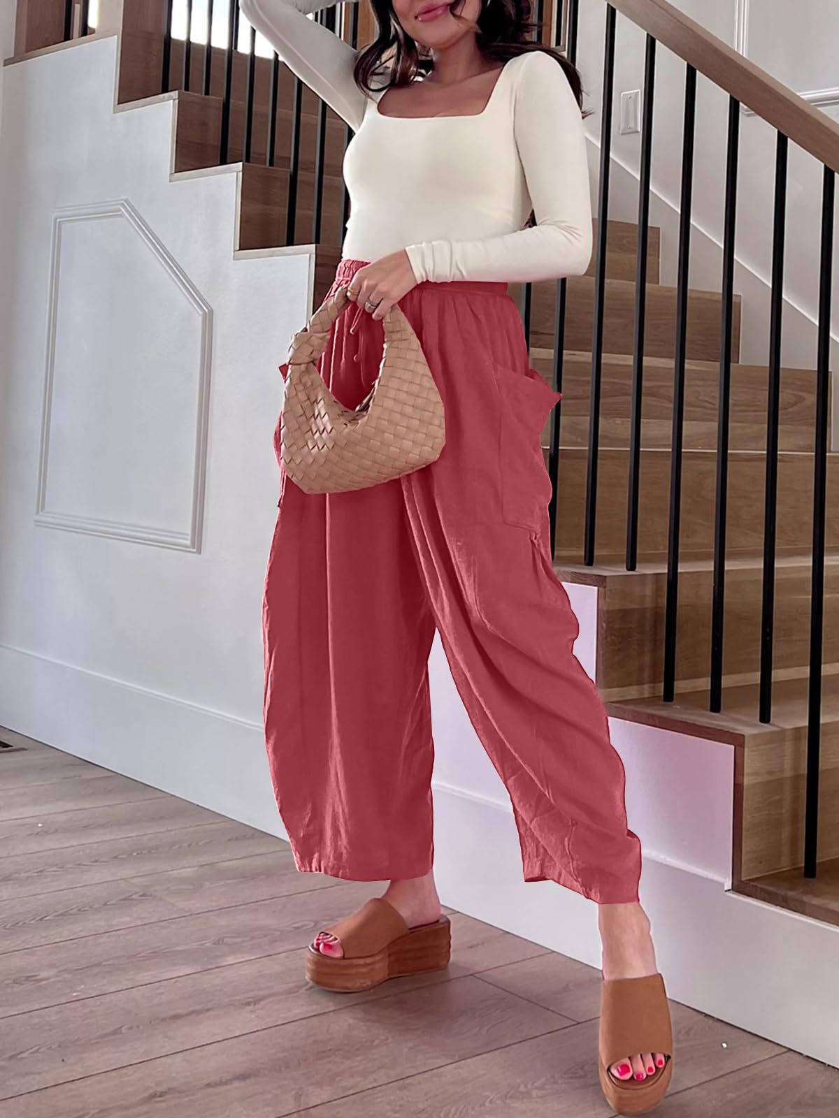 Pantalon ample à taille haute plissé pour femme