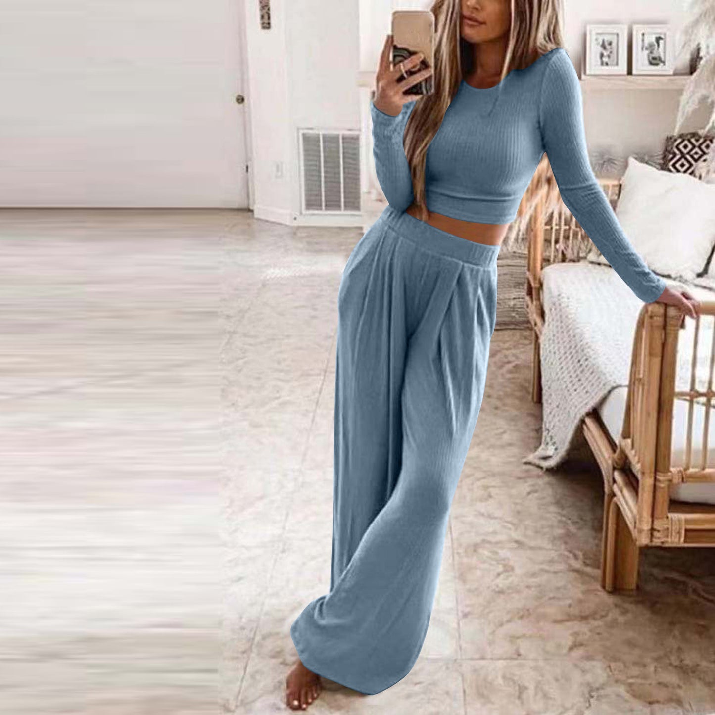 Women's Solid Color Knit Casual Home Two-piece Suits