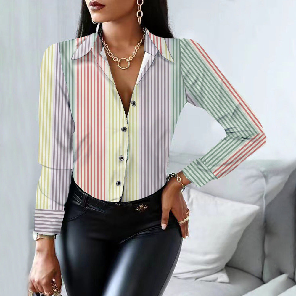 Women's Striped Printed Single-breasted Long Sleeve Shirt Blouses