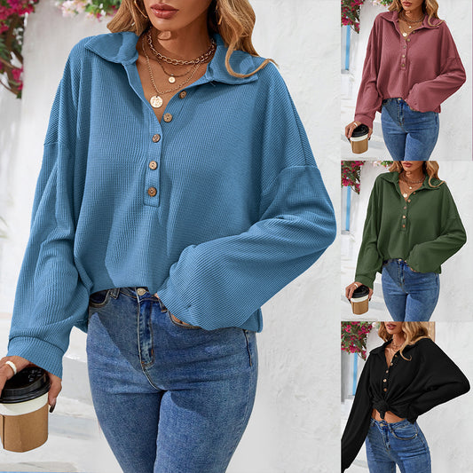 Women's Lapel Button Solid Color Long-sleeved T-shirt Blouses