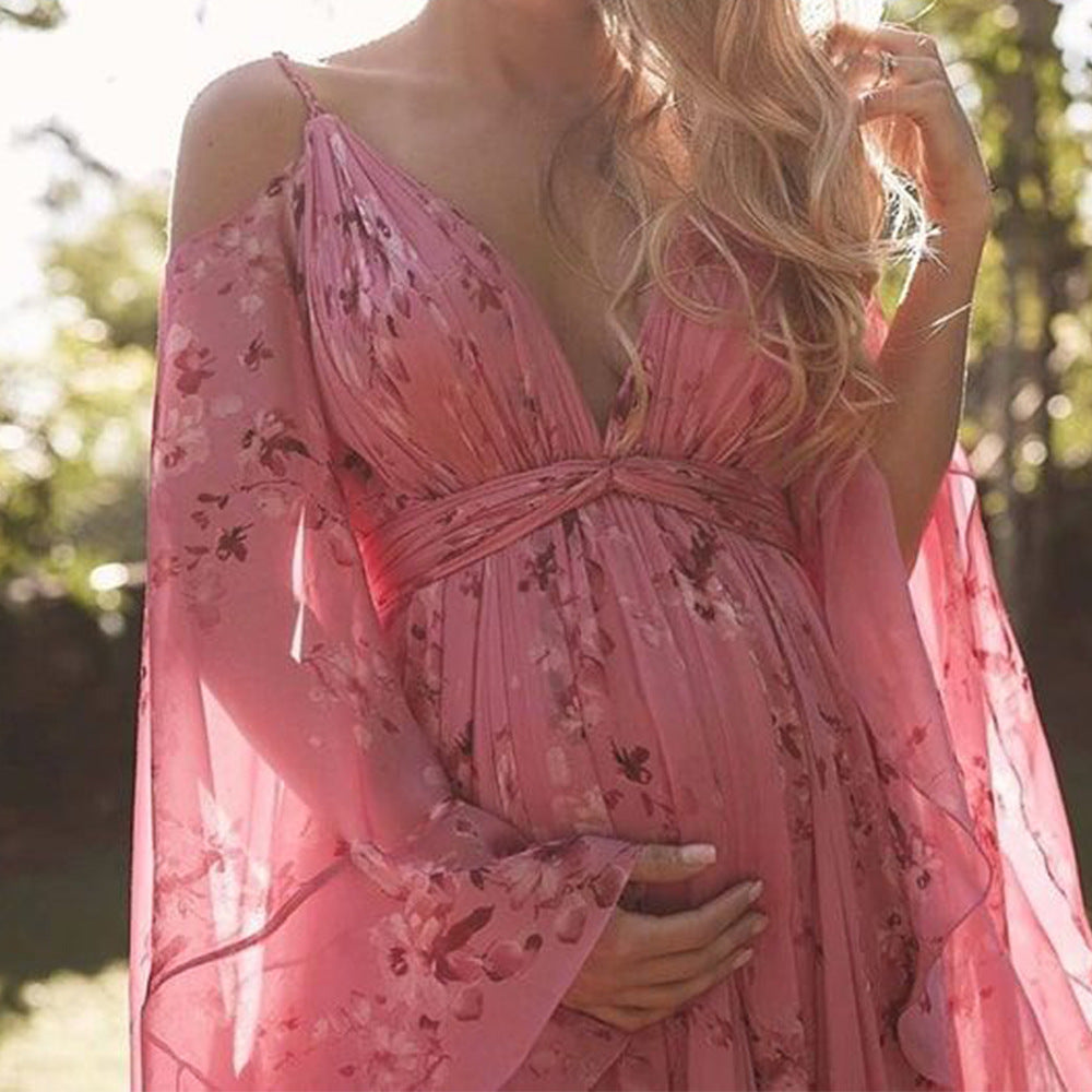 Women's V-neck Floral Long Pregnant Large Swing Dresses