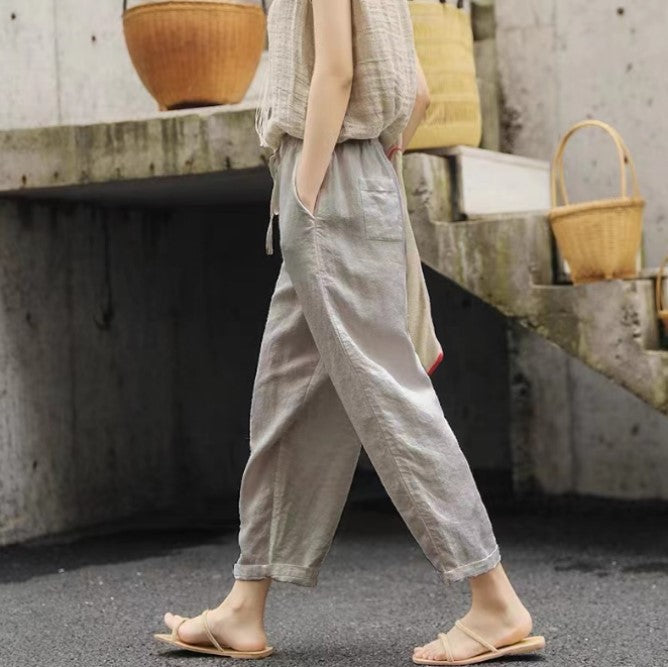 Autumn Cotton Linen Solid Color Pocket Drawstring Pants