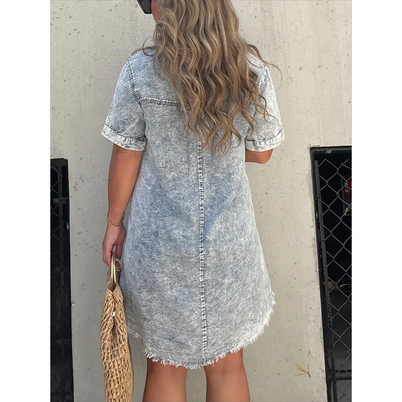 Summer Shirt Collar Denim Tassel Hem Dresses