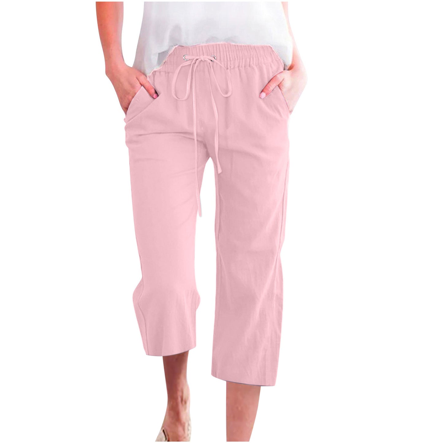 Pantalon décontracté ample en coton et lin pour femme avec poches droites