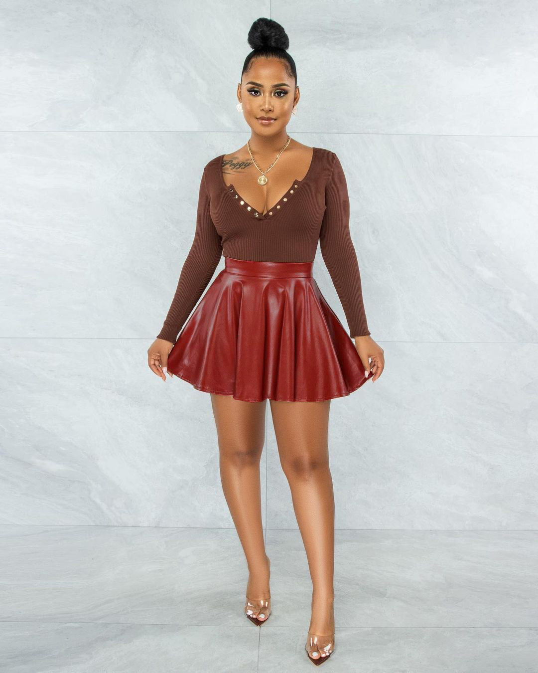 Women's Sexy Solid Color Leather Swing Mini Skirts