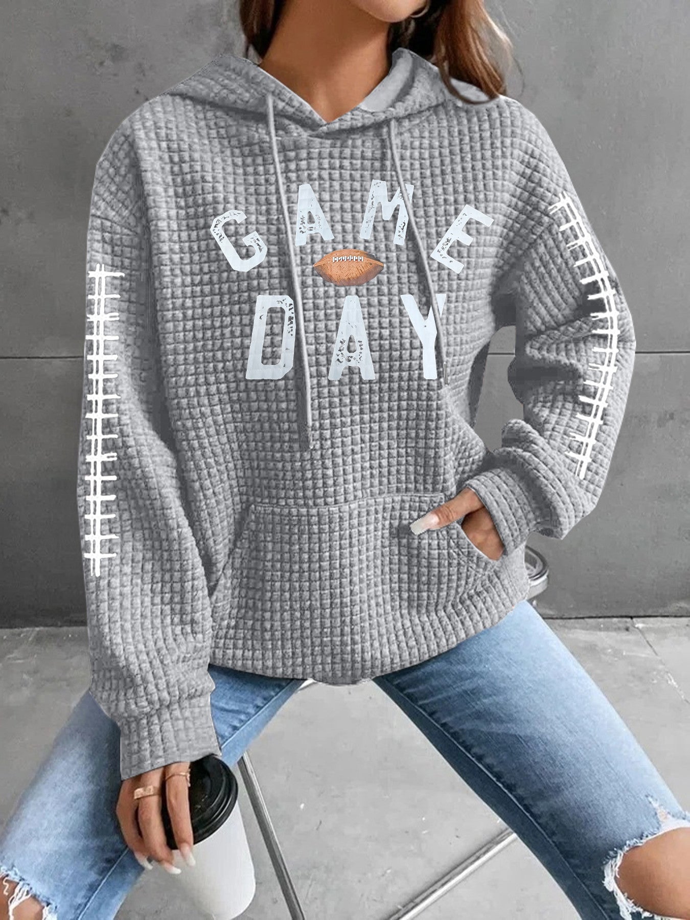 Women's Waffle Match Day Letter Print Round Sweaters