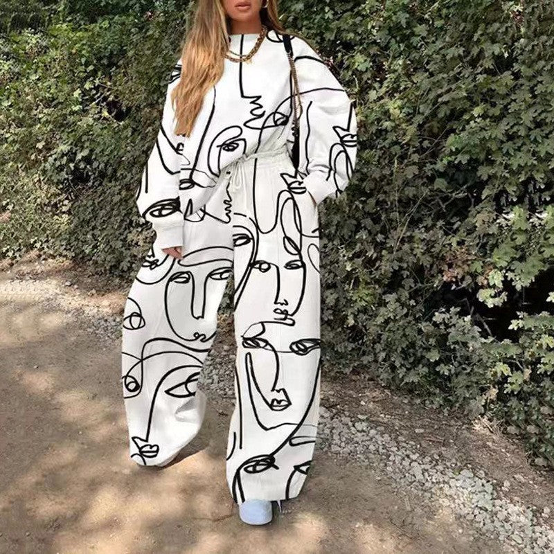 Women's Casual Round Neck Loose Printed Basic Suits