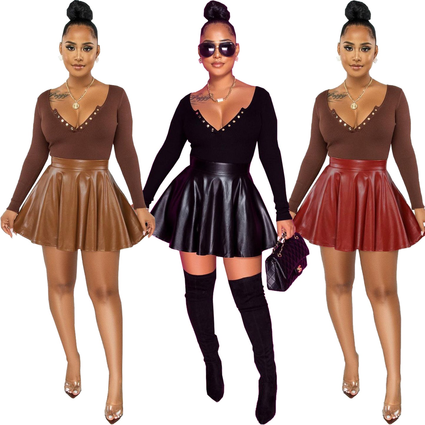 Women's Sexy Solid Color Leather Swing Mini Skirts