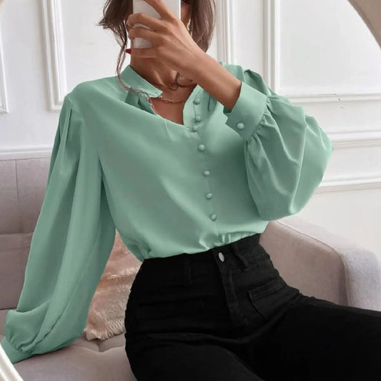 Women's Color Lapel Long Sleeve Single Row Blouses