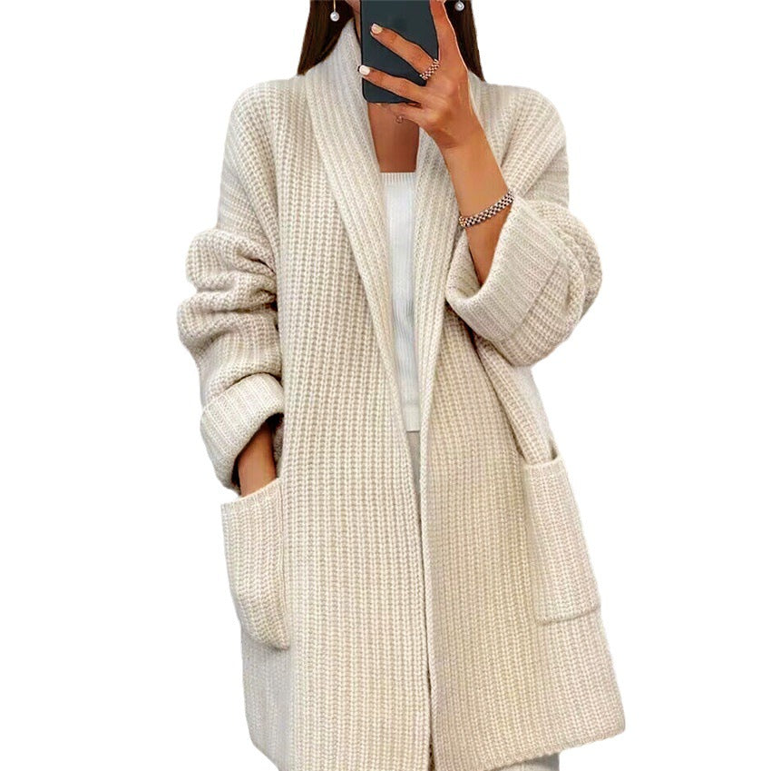 Women's Thickened Solid Color Knitted Loose Pockets Sweaters