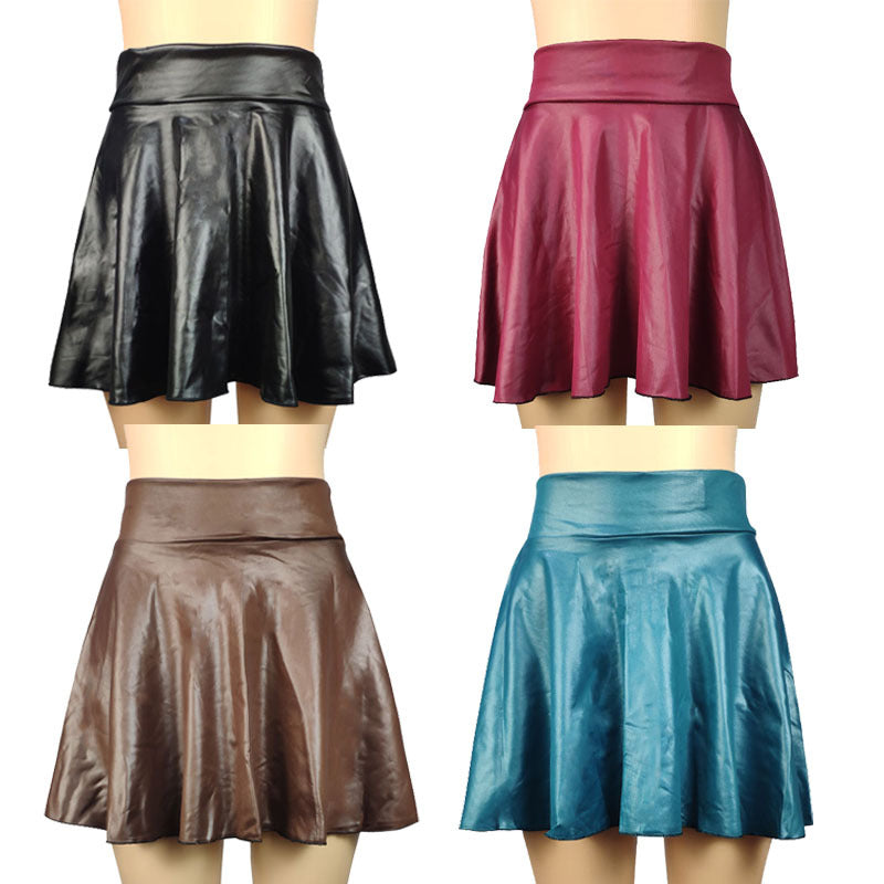 Women's Swing High Waist Faux Leather Sundress Skirts