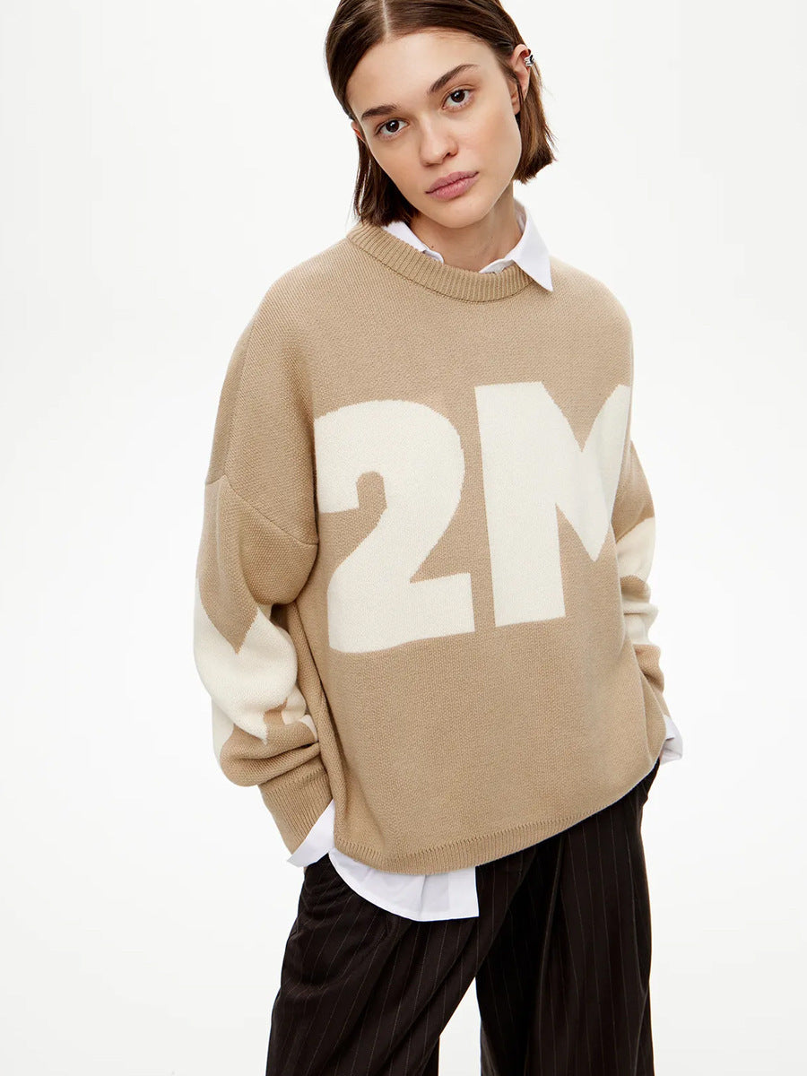 Letter Fashion Contrast Color Temperament Crew Sweaters