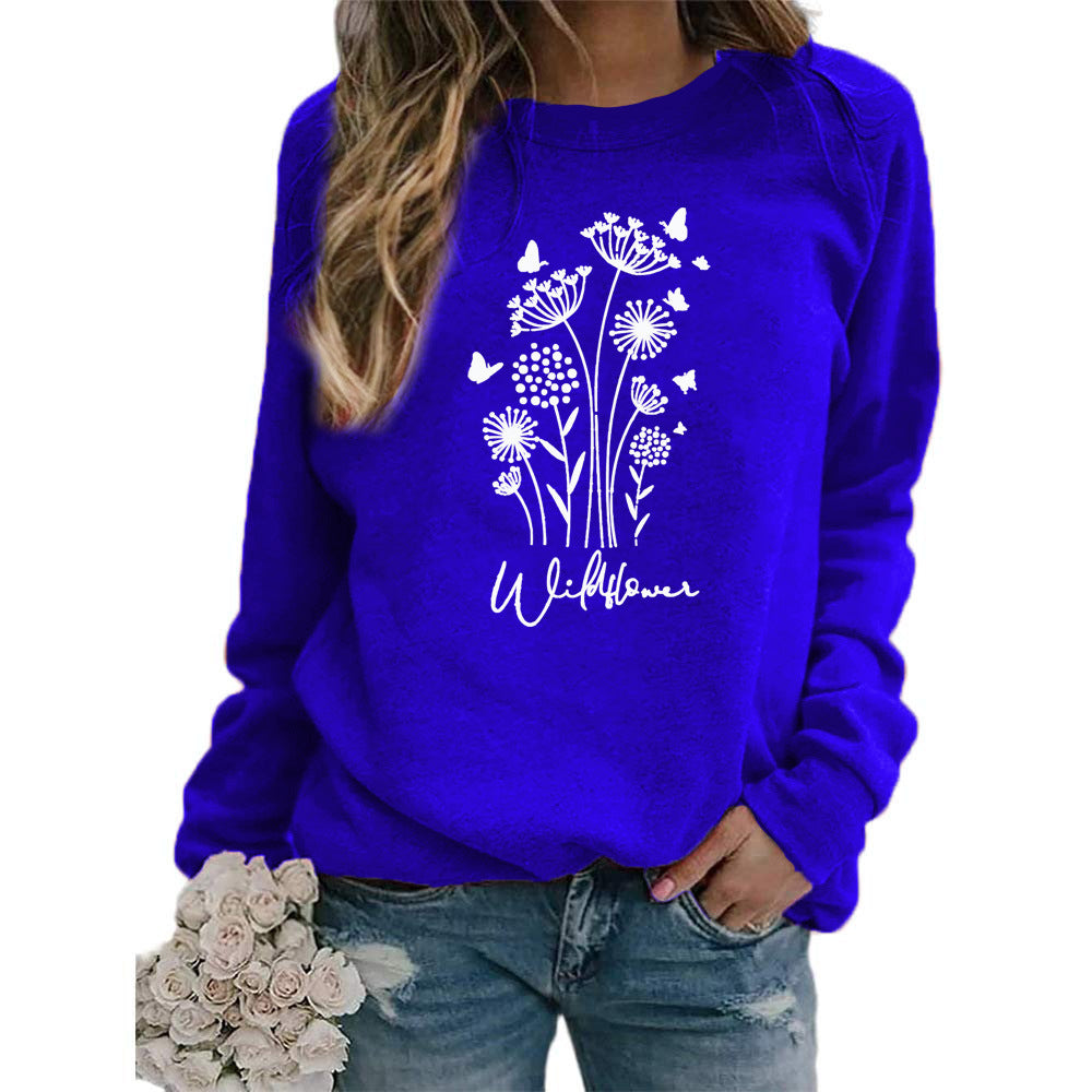 Women's Wild Grass Butterfly Printed Crew Neck Sweaters