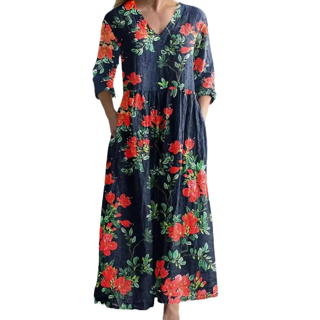 Women's Fashion Positioning Printed Long Sleeve Pocket Dresses