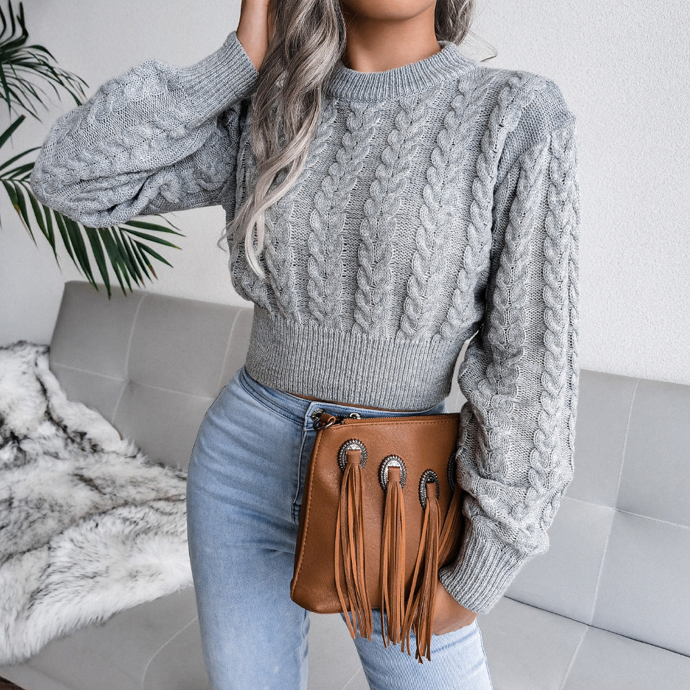 Women's Twist Waist Trimming Knitted Midriff-baring Sweaters